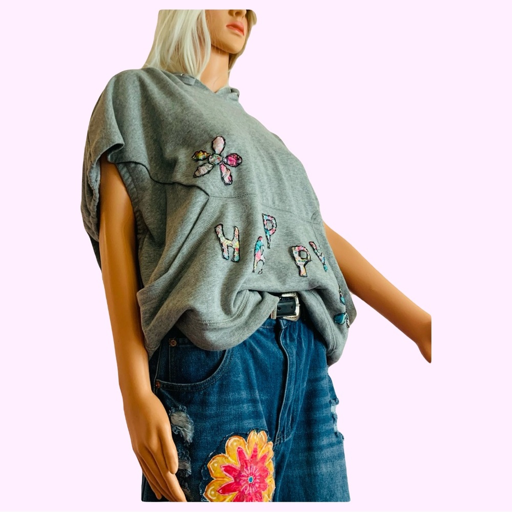 It Ain’t Beige upcycled Gray Hoodie with Floral Appliqué - Picture 3 of 16